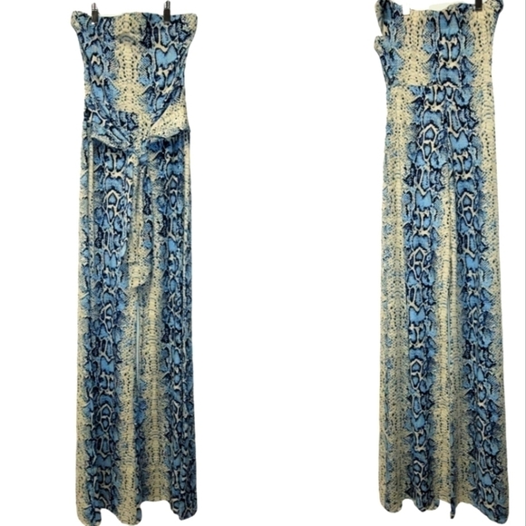 Strapless Jumpsuit In Blue Cream And Black Snake Print Front Tie Size M - Picture 1 of 16
